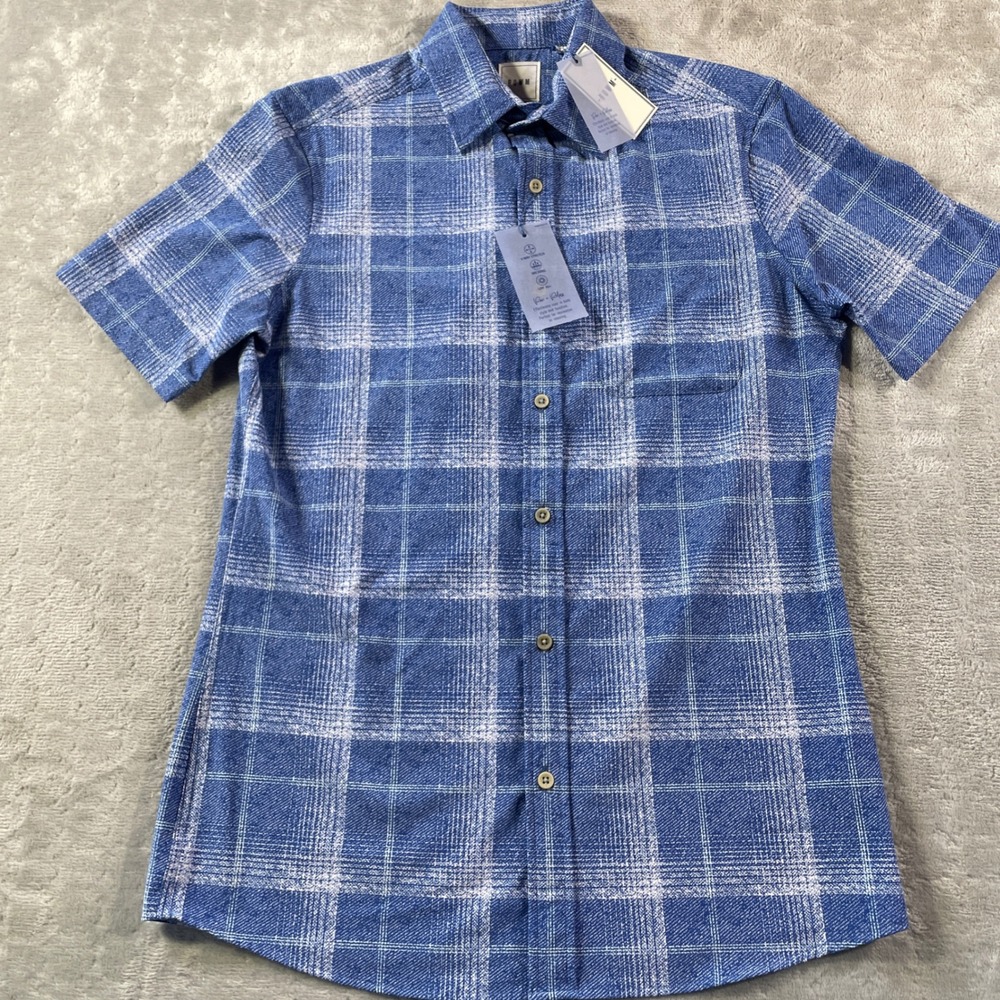 ROWM Shirt Mens Small Blue Plaid 4-Way‎ Stretch Wicking Light Resort Vacation